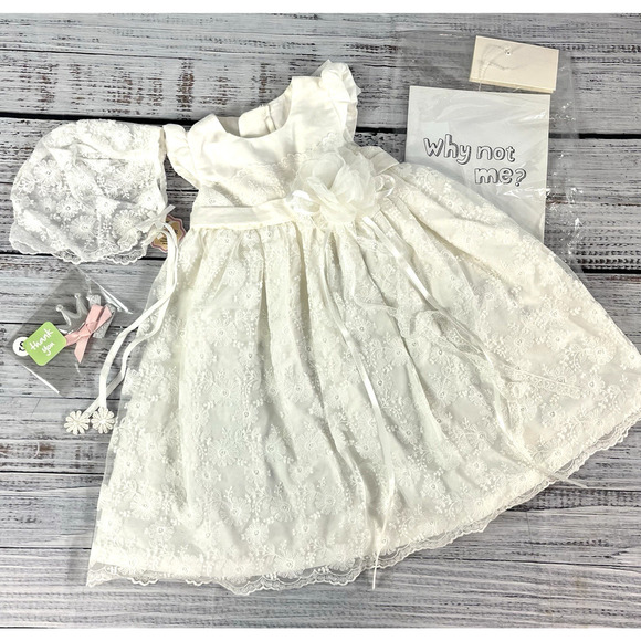 PETITE JR Baby Girl Ivory Lace Dress XS 3-6 mths Bonnet Bow Wedding Dedication 1 - Picture 1 of 13